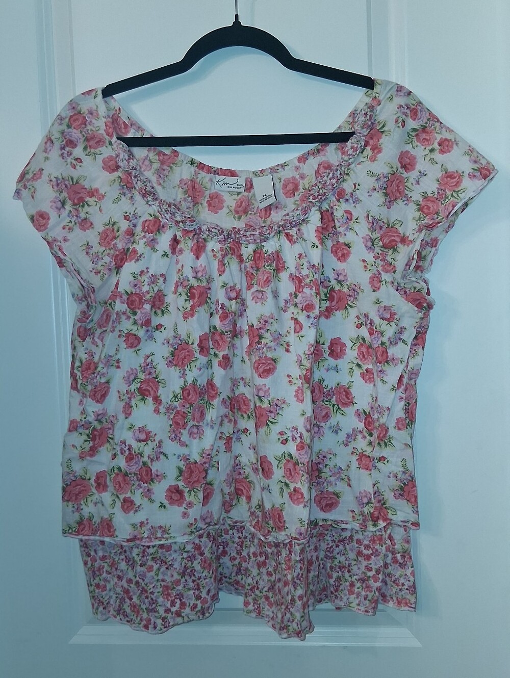 Kim Rogers White Pink Floral Short Sleeve Blouse